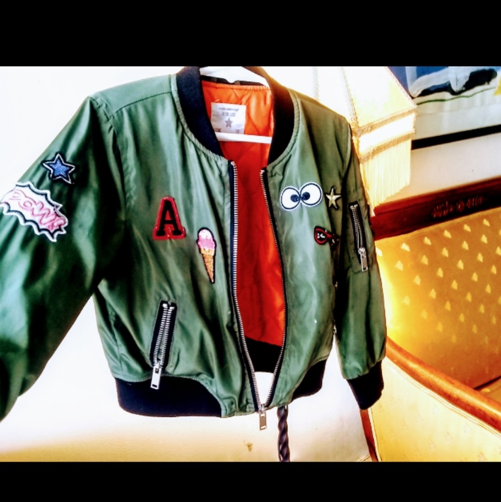 Kids unisex 4/5 Bomber Jacket Patches Olive Green